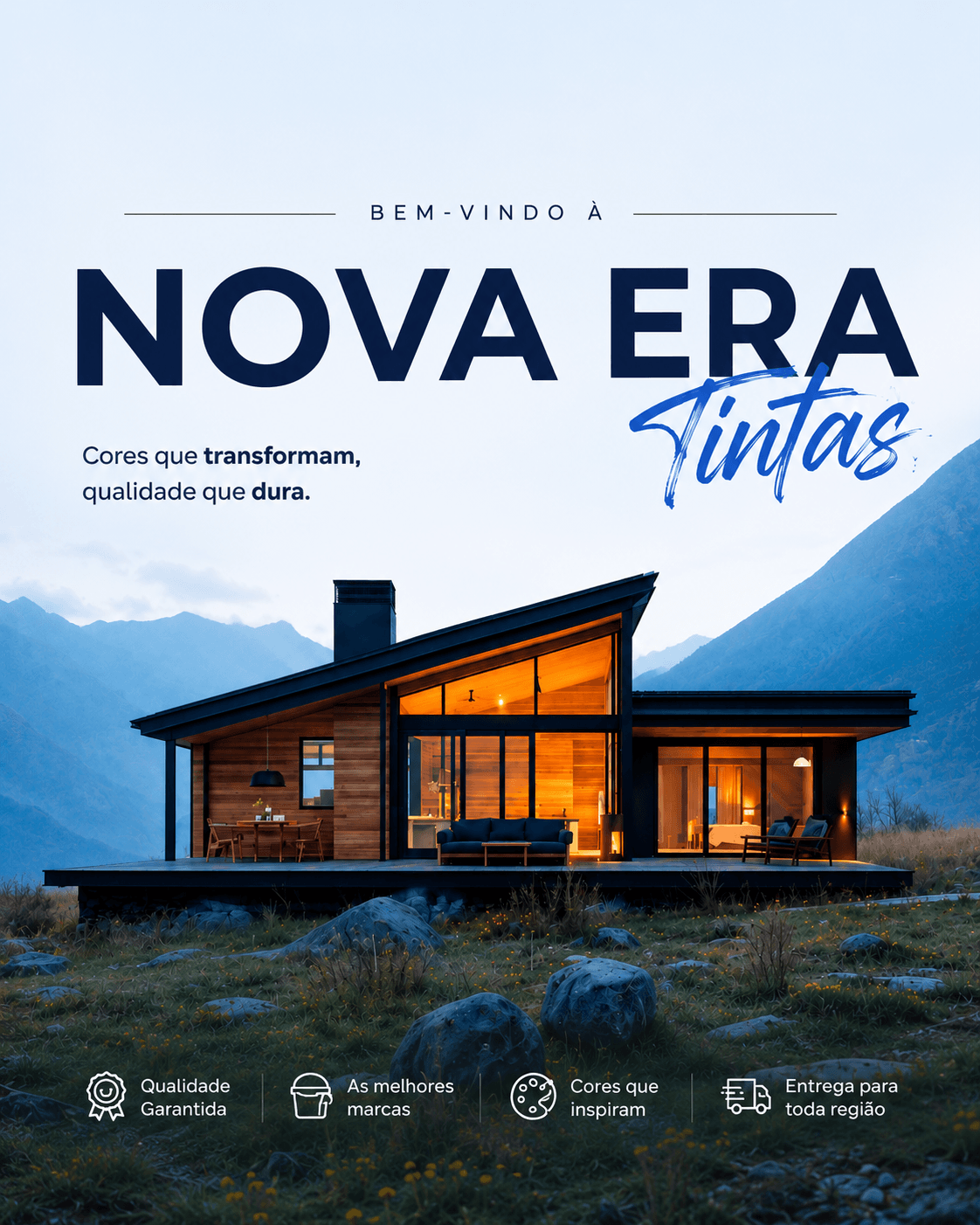 Casa moderna ao entardecer com a marca Nova Era Tintas